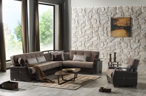 Dogal Sectional Sofa in Marissa Taupe (with Storage and two beds)